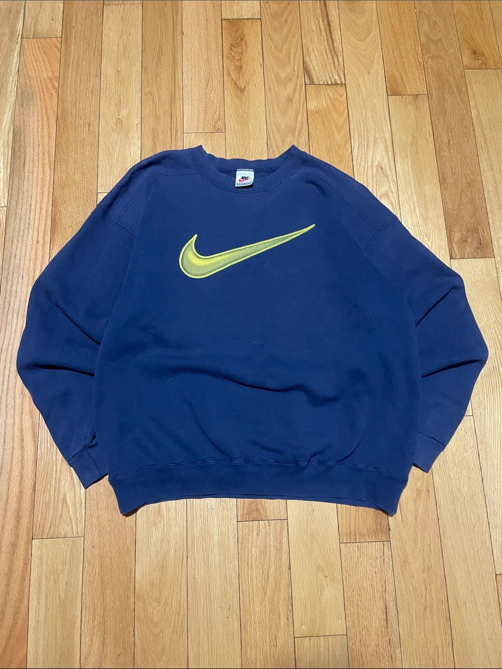 Nike Men's Navy Crewneck Sweatshirt with Lime Swoosh